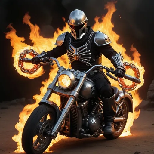 Prompt: Ghost Rider in Mandalorian armor, flaming skull, demonic motorcycle, two flaming chains, surrounded by mystical hellfire, high quality, detailed flames, dark and intense, fantasy, sci-fi, action-packed, hellfire, Mandalorian armor, flaming skull, demonic motorcycle, intense flames, chains, highres, ultra-detailed, fantasy, sci-fi, dark tones, intense lighting