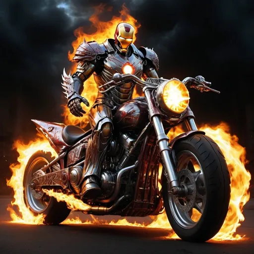 Prompt: Ghost Rider dressed in Iron Man armor, flaming skull, demonic motorcycle, two flaming chains, surrounded by mystical hellfire, high quality, detailed flames, dark and intense, fantasy, sci-fi, action-packed, hellfire, Iron Man, flaming skull, demonic motorcycle, intense flames, chains, highres, ultra-detailed, fantasy, sci-fi, dark tones, intense lighting