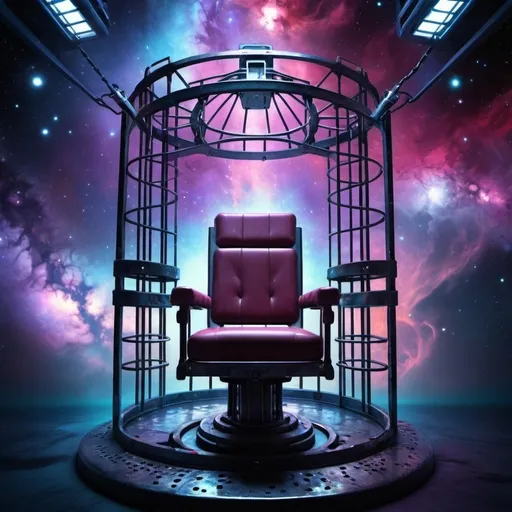 Prompt: Prison Electric chair with a metal head piece, arm and leg straps, behind a metal cage in vibrant galaxy setting, surreal digital art, high quality, detailed cosmic atmosphere, futuristic, intense shadows, vibrant nebulae, surreal lighting, galactic background, 4k, ultra-detailed, digital art, surreal, vibrant colors, cosmic atmosphere, intense shadows, futuristic design, galactic setting