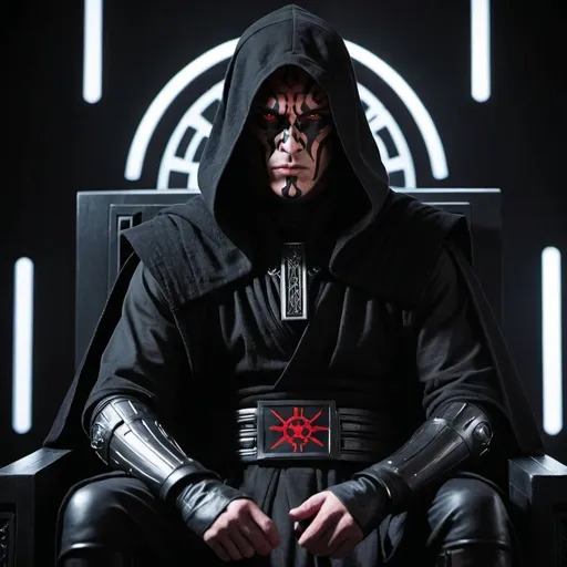 Prompt: A Sith Lord sits down on a black throne against a black backdrop in his chamber. He is wearing a black hood, black robes and armor. He has handsome, chiseled features and facial tattoos, his eyes are glowing white. 