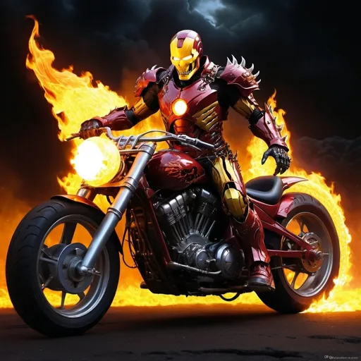 Prompt: Ghost Rider dressed in red and yellow Iron Man armor, flaming skull, large demonic motorcycle, skull head light, two flaming chains, surrounded by mystical hellfire, high quality, detailed flames, dark and intense, fantasy, sci-fi, action-packed, hellfire, Iron Man, flaming skull, demonic motorcycle, intense flames, chains, highres, ultra-detailed, fantasy, sci-fi, dark tones, intense lighting