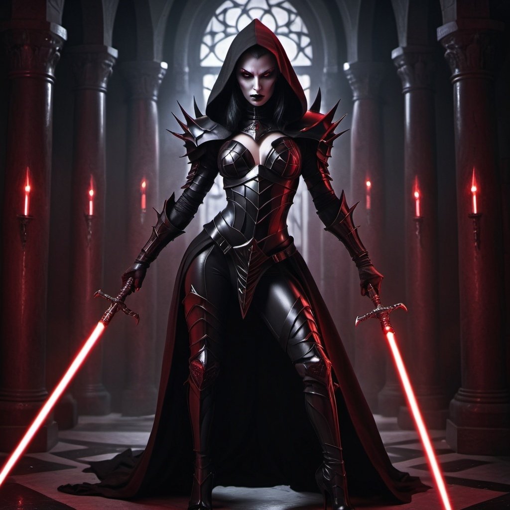 Dark lady of the Sith in skin-tight battle armor and...