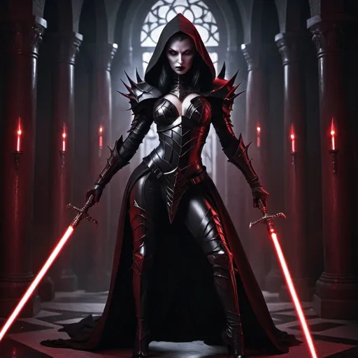 Prompt: Dark lady of the Sith in skin-tight battle armor and black pants with open toe high heels, deep purple eyes, chalk white skin, two fangs, black hood, throne room setting, carrying a light pike, high definition, digital art, dark fantasy, intense red and black tones, dramatic lighting