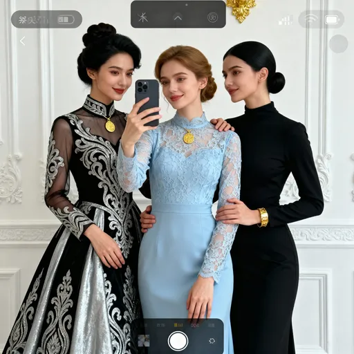 Prompt: The image is a photograph of three women standing closely together, posing for a selfie. The woman on the left is wearing a black and silver ornate gown with intricate patterns, sheer sleeves, and a high neckline adorned with a gold pendant. She has her dark hair styled in an elegant updo. The woman in the center is dressed in a light blue, lace dress with long sleeves and a fitted bodice, also accessorized with a gold pendant. Her light brown hair is similarly styled in an updo. The woman on the right is wearing a black dress with a high neckline and long sleeves, and her dark hair is pulled back into a sleek bun. She has a gold bracelet on her right wrist. The background features a white, ornate wall with decorative elements, including a small golden decoration in the upper right corner. The women are standing close together, with the woman on the left placing her left arm around the woman in the center, and the woman on the right placing her right hand on the woman in the center's shoulder. The image has a soft, natural light, and the overall mood is elegant and formal. The photograph is taken with a smartphone, evident from the screen interface at the top and bottom of the image.