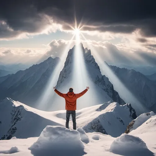 Prompt: Man standing at the tip of the snowy mountains, surrounding complete clouds and one single ray of light. Man is happy and enjoying his victory 