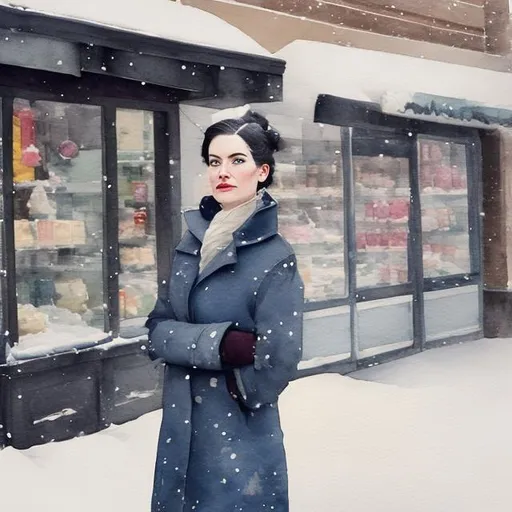 Prompt: a grumpy, pretty lady in her thirties standing out in the snow in front of a store, more of a watercolor look 

