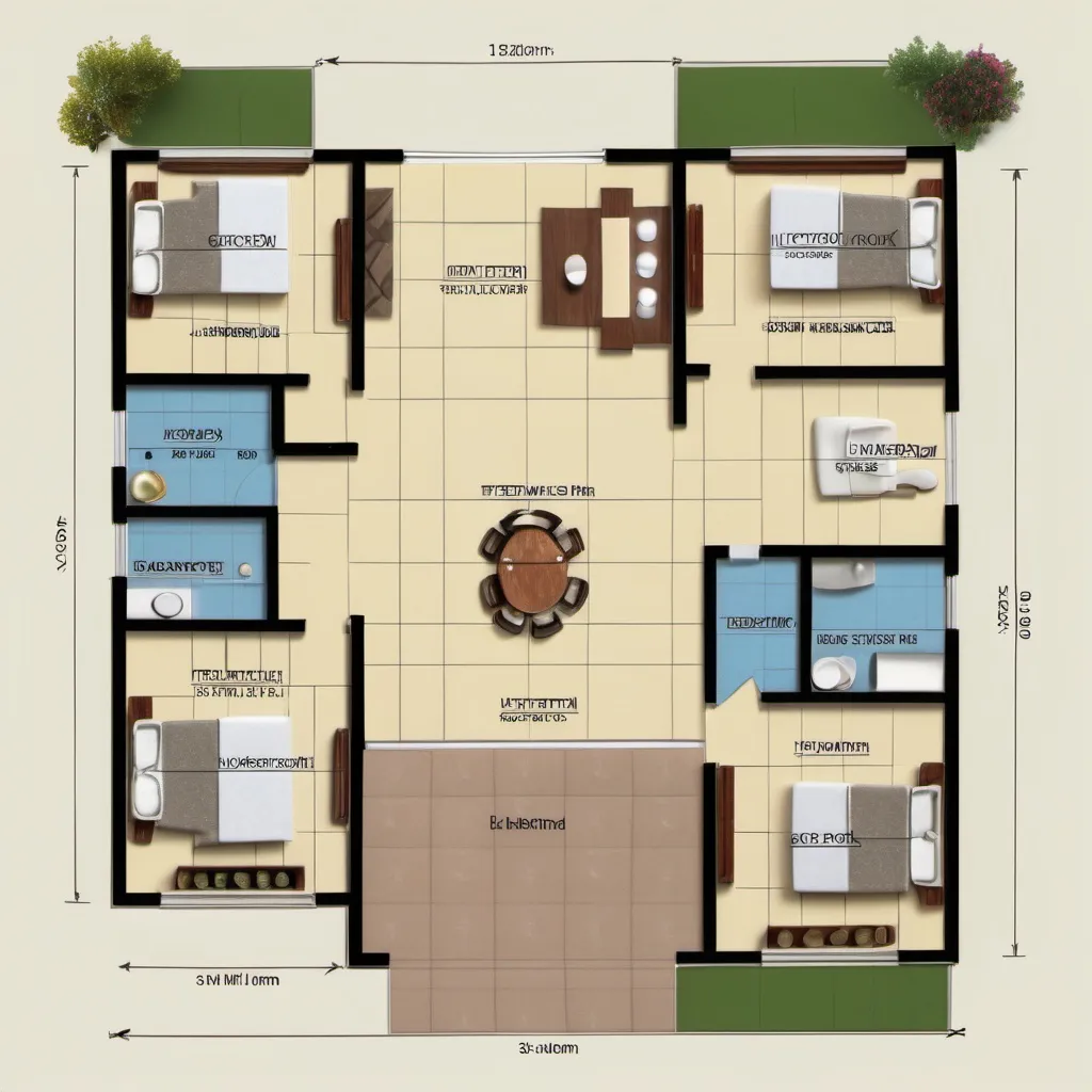 Prompt: A home floor plan 3 bedroom attached with toilet,dining hall,  kitchen, sitout, hall
