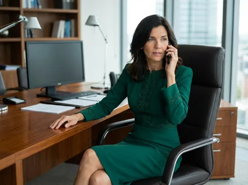 Prompt: seating on an executive chair in the office. left hand on the desk, right left holding a cellphone near her right ear
