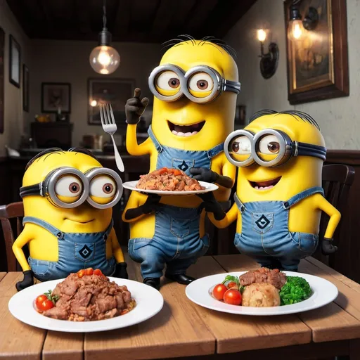 Prompt: 3 happy minions eating a big dinner