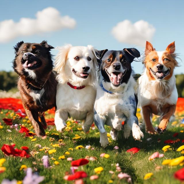 Prompt: Three dogs, all different breeds running through a field of flowers, happy, free