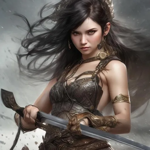 Prompt: realistic goddess with a sword fighting, black hair, fierce

