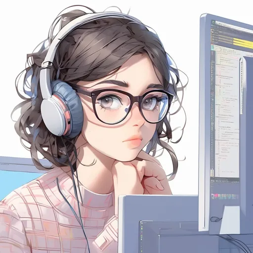 Prompt: programmer girl, programming, close shot, cute, headphones on, glasses on

