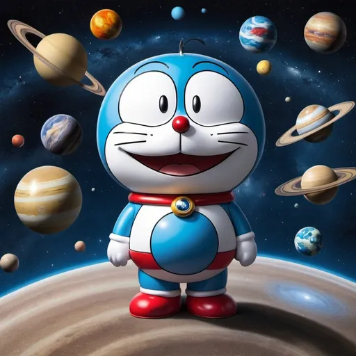Prompt: Doraemon in the universe with solar system planets