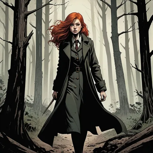 Prompt: Girl, redhead, dynamic, long dark coat, ragged, dirt,  forest, detailed, dark colors, dramatic, graphic novel illustration,  2d shaded retro comic book