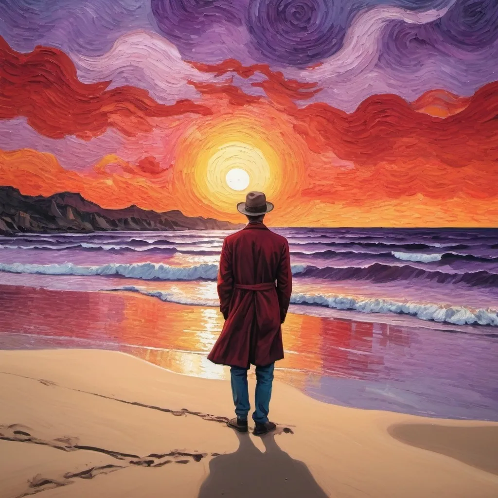 Prompt: Draw an artistic sunset with a mix of red purple and red that is Van Gogh style with a man in front of it
On a beach