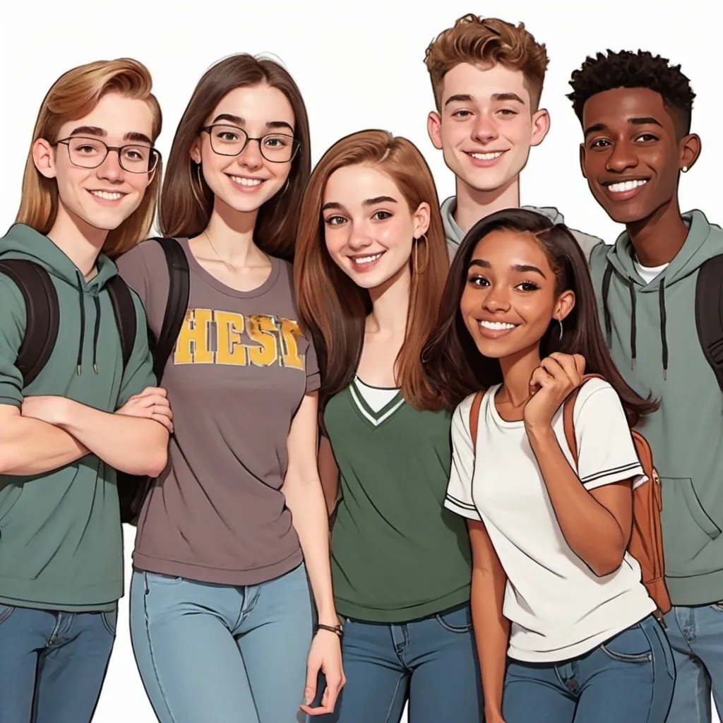 Prompt: cartoon of a group of high school friends