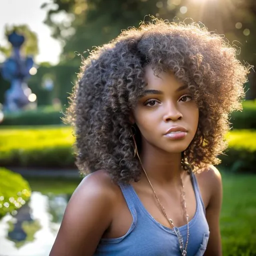 Prompt: A photorealism picture of a young african american woman in her late 20's with a long detailed curly wig, stylish clothing, sitting in the grass in front of a pond with realistic fountain in background, park scenery, realistic skin texture, serene atmosphere, photorealistic, natural lighting, sunny atmosphere, detailed curly wig, peaceful setting, realistic skin texture, serene atmosphere, looking into camera, happy facial expression