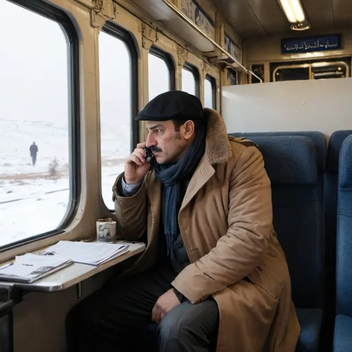 Prompt: detective on train in winter in syria

