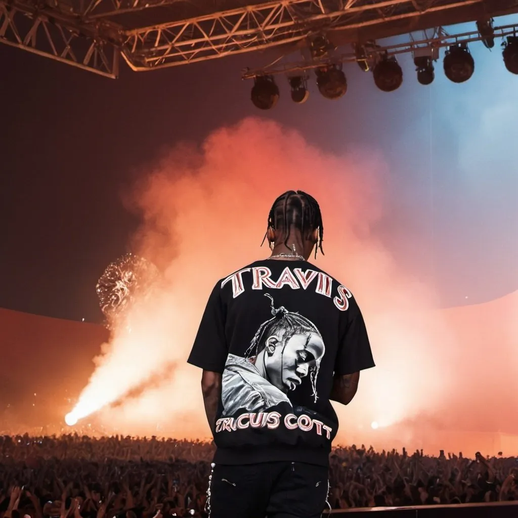 Prompt: create an image of Travis Scott on stage at his concert in the circus Maximus in Rome