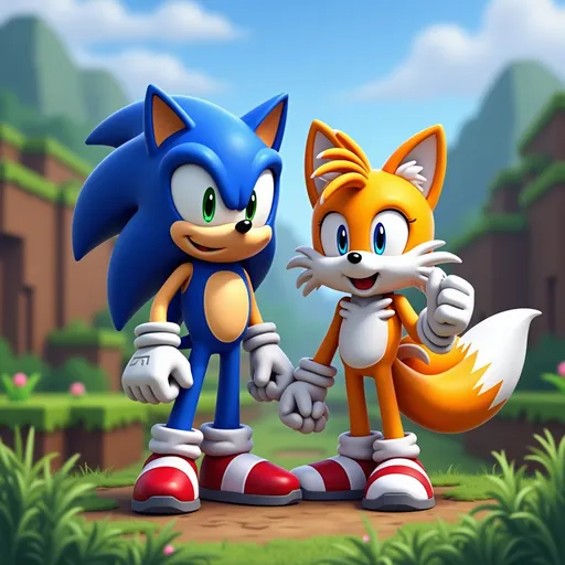 Prompt: Sonic and Tails in minecraft