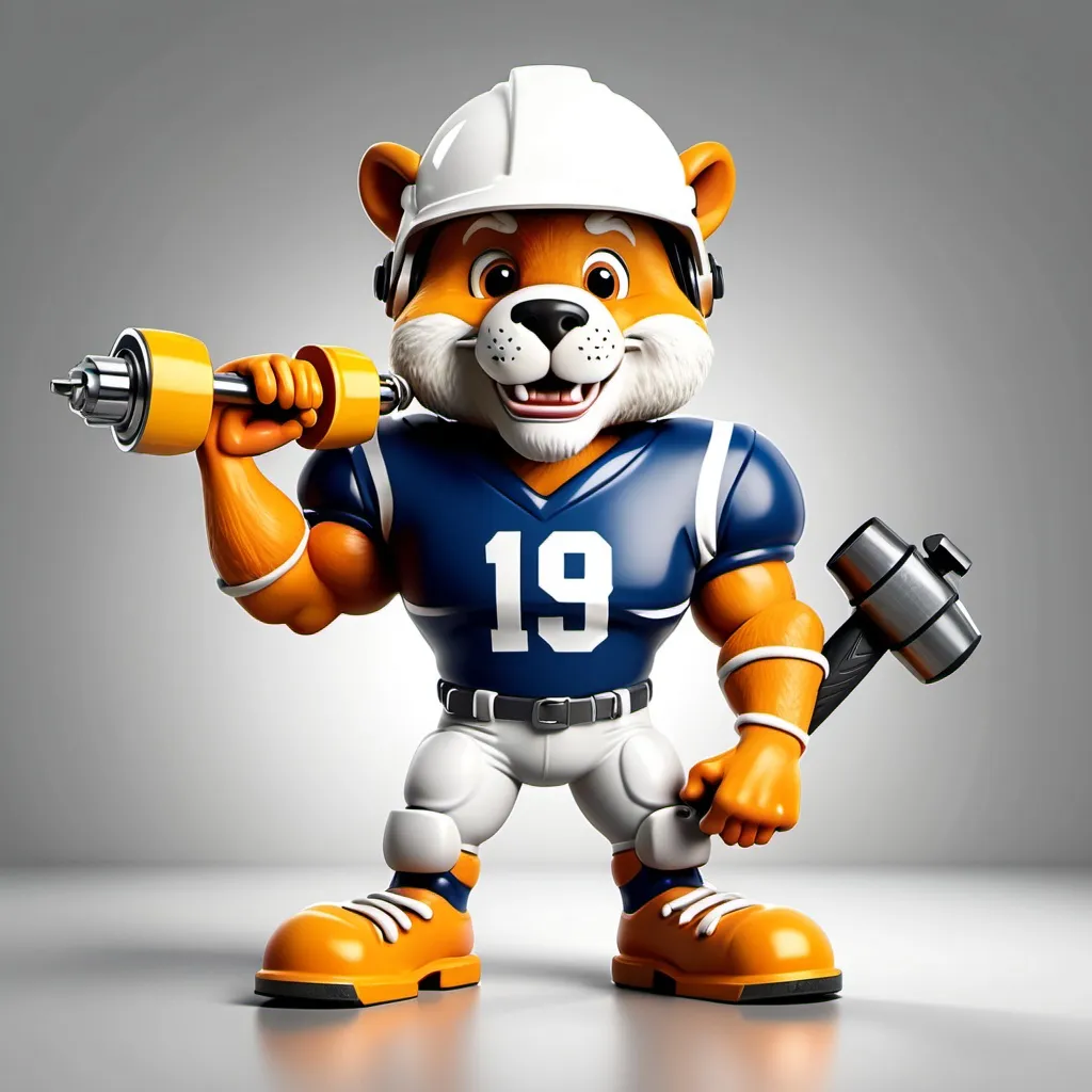 Prompt: Orthopedic doctor football mascot with hammer and drill and helmet