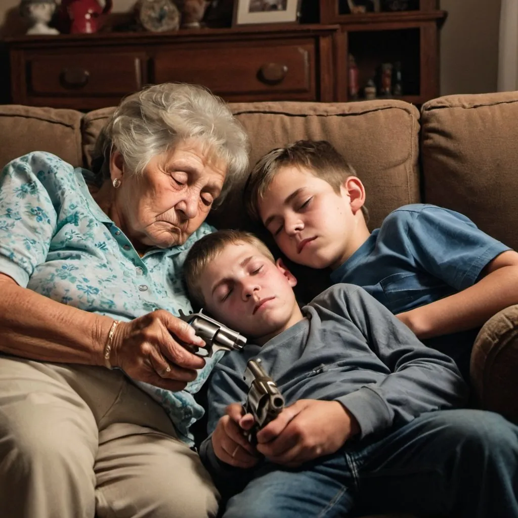 Prompt: A boy of 16 years old next to his grandmother that is sleeping while the boy is holding a small revolver that he found in the house. The grandma is sleeping on the couch. 
