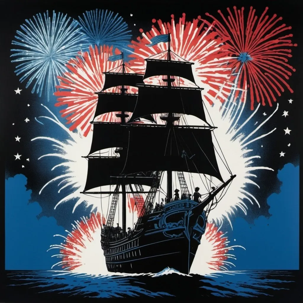 Prompt: a black backgrounde with a blue and red ship on it's back and fireworks in the sky above it, Anne Said, american romanticism, screen print, a silk screen