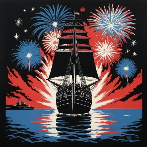 Prompt: a black backgrounde with a blue and red ship on it's back and fireworks in the sky above it, Anne Said, american romanticism, screen print, a silk screen
