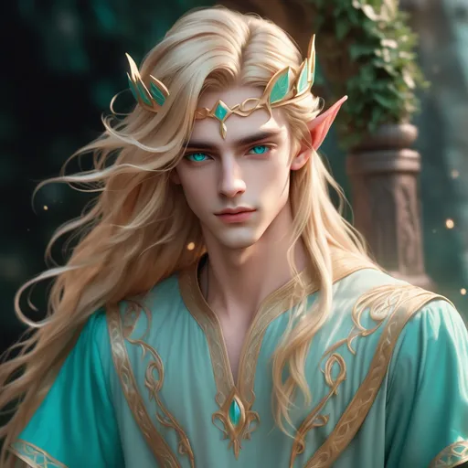 Prompt: androgynous young adult elf prince circlet aquamarine eyes loose long golden blond hair blond eyebrows pale turquoise embroidered tunic