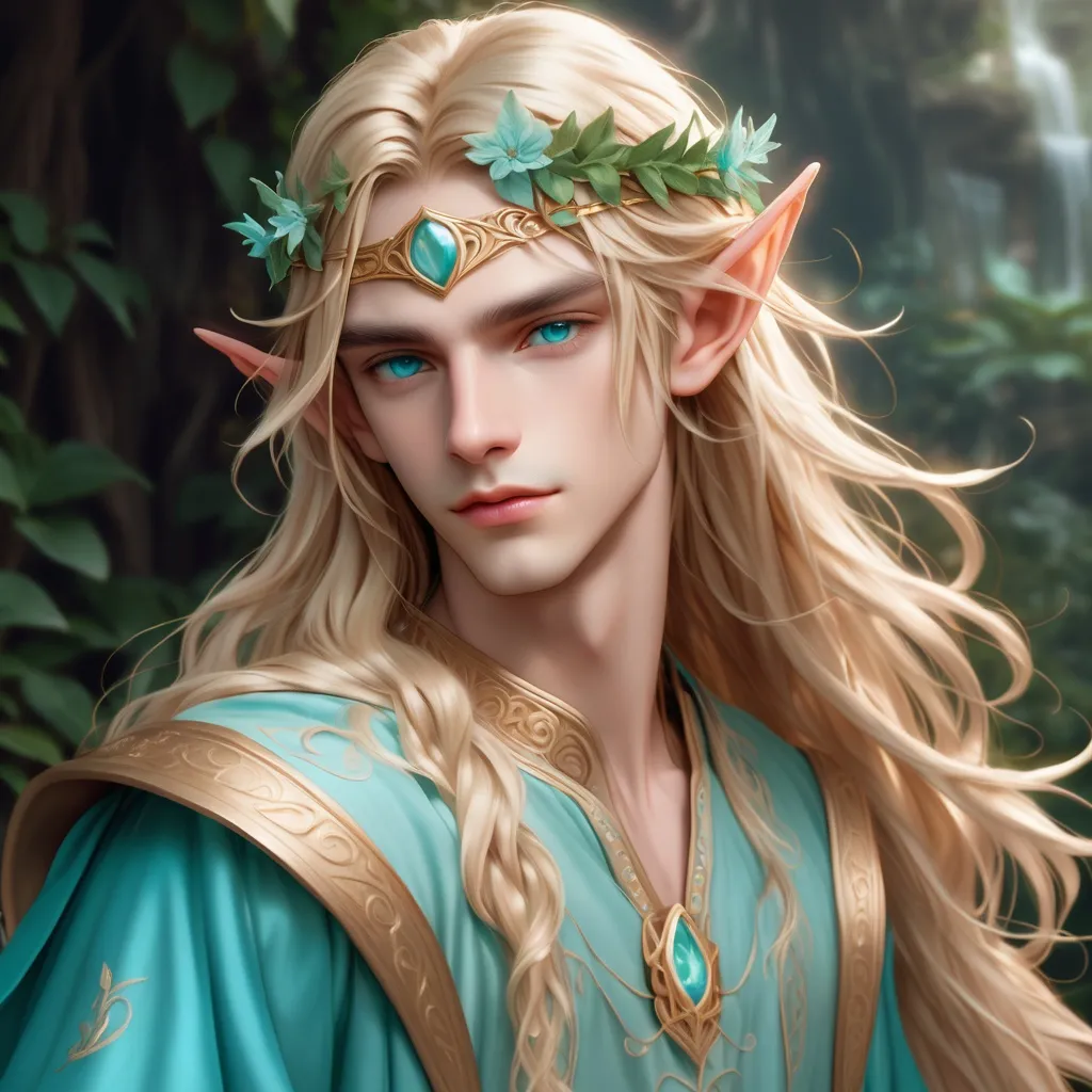 Prompt: androgynous young adult elf prince circlet aquamarine eyes loose long golden blond hair pale turquoise embroidered tunic