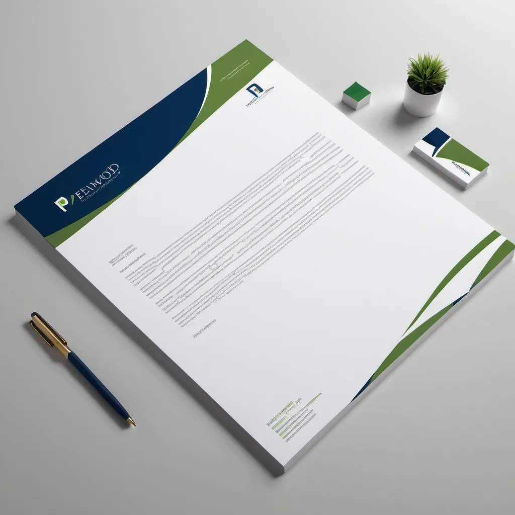 Prompt: (Professional letterhead design) with a prominent banner across the top only, featuring a modern logo for Pelwood LLC, using rich (blue) and warm (green) color tones. The layout should be minimalist and crisp, emphasizing elegance, suitable for a (sports and investment) family office. Include ample space for text and contact information, maintaining a sophisticated ambiance. 
