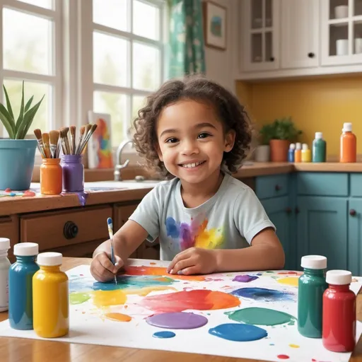 Prompt: Create an illustration featuring a cheerful child painting at a table in a cozy home environment. The child, surrounded by colorful paint bottles, happily creates artwork on a sheet-covered surface. A parent or caregiver stands nearby, holding a WipeEasy paint bottle and cloth with a reassuring smile. The background includes elements of a typical home setting such as furniture, plants, and curtains. Emphasize the ease of cleanup by showcasing the child's artwork proudly displayed nearby, while paint splatters are effortlessly wiped away from the table surface. Use bright, inviting colors to evoke a sense of creativity and warmth, capturing the essence of WipeEasy's mess-free painting experience for families.