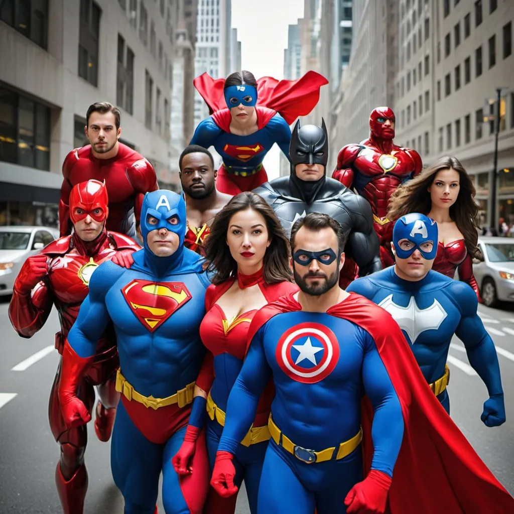 Prompt: Picjture of 15 super hero rescues stock market 
Xteam