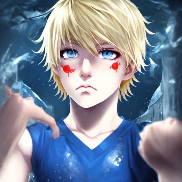 Prompt: a blond boy with blue blood