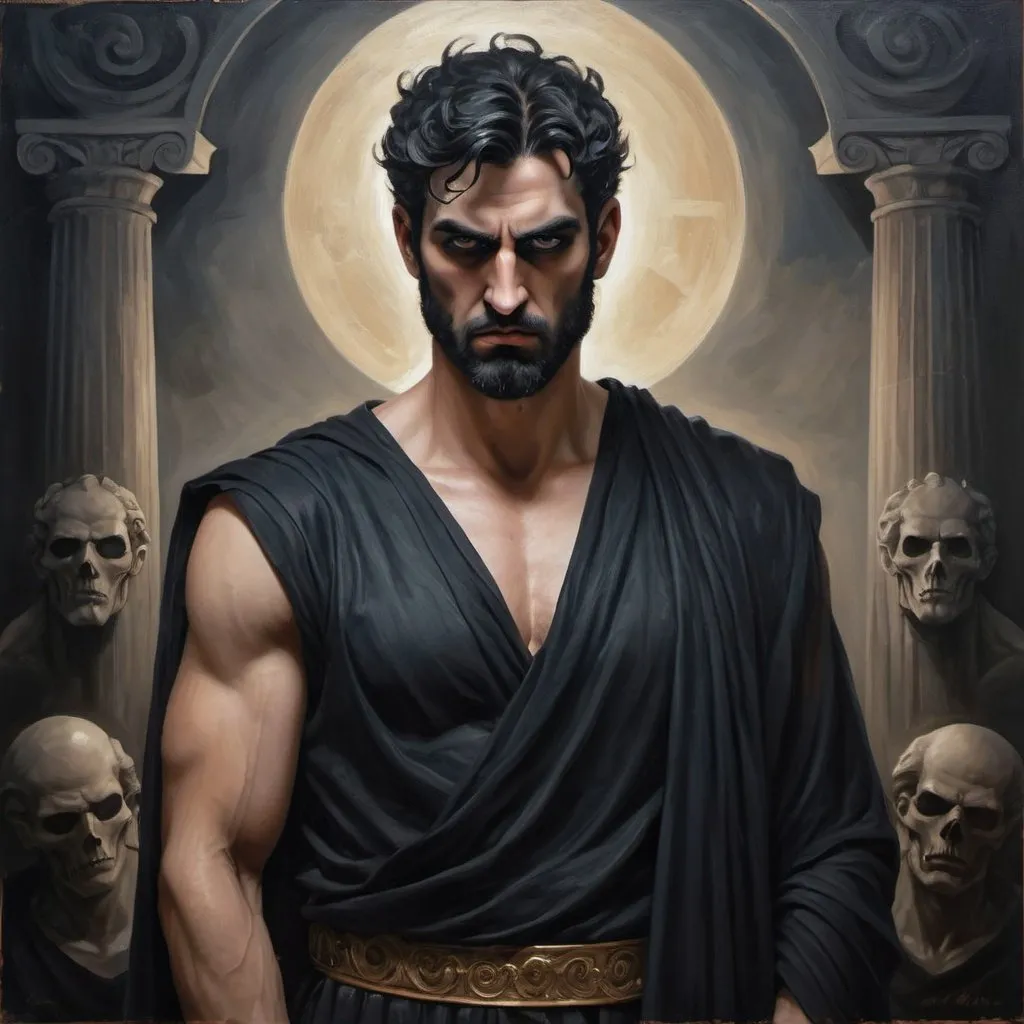 Prompt: Contemporary Greek interpretation of Hades, oil painting, stylish modern clothing, confident stance, dark and brooding expression, detailed facial features, high quality, realistic, contemporary, oil painting, Greek mythology, dark and brooding, detailed facial features, stylish, modern, confident stance, atmospheric lighting