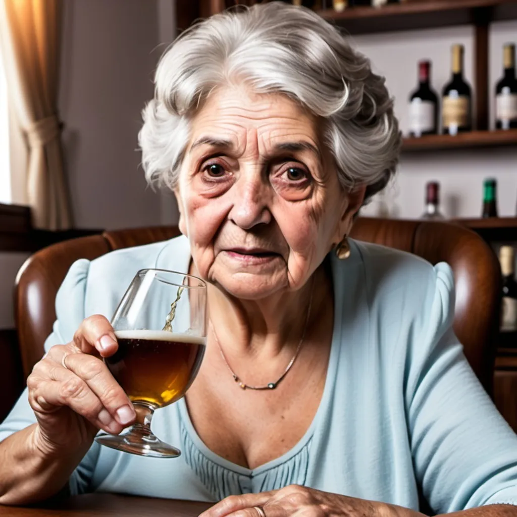 Prompt: una alcoholica mayor de edad que sea como  una abuela de anucio