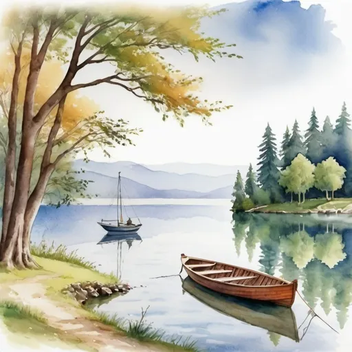 Prompt: <mymodel> water colour of a scenic image with trees with lake with boat