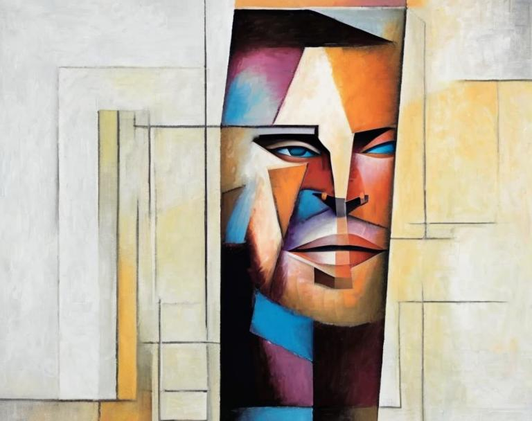 Prompt: An geometric abstract cubism oil painting of a euphoric face of a man looking thru a door, with brush texture 