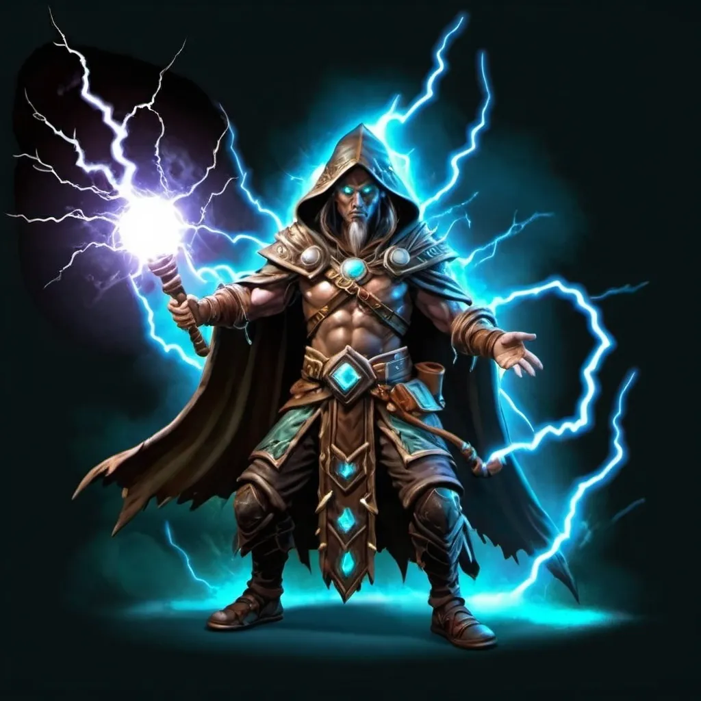 Prompt: A 3D dark fantasy Druid character casting a large lightning spell while holding a mace and wearing a hood. Character should be a vector image on a transparent background