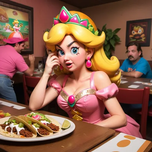 Prompt: Princess Peach, spilling the inside of a taco onto her dress. Really sloppy taco, meat all over Princess Peach. Visibly irritated by the fact that she spilt taco all over the place. Taco restaurant, taco memorabilia, Mario in background embarrassed that Peach spilt taco onto her face. Peach at dining table, close to tears.