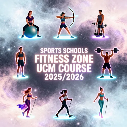 Prompt: haz un poster con medidas de 21 cm de ancho por 29.7 cm de alto con figuras resplandecientes de fitness: monitora de fitbal, deportista de tiro con arco, musculación,trx, danza del vientre, zumba, marcha nórdica, danza del vientre.El fondo tiene que ser nebulosas claras y el titulo del poster tiene que poner : ESCUELAS DEPORTIVAS ZONA FITNESS UCM CURSO 2025/2026 EN LETRAS MODERNAS Y BIEN VISIBLES