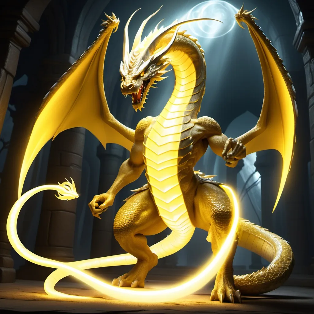 Prompt: highlighting textures, dynamic pose, enchanting background with lumin The Light Serpent has a big and long tail, with his giant light blade and the powerful aura behind his back. His skin is hard as a diamond and his eyes are sharp like a bullet. The Serpent, using his giant wings which are made of metal the dragon must be yellow and have a lightning halo