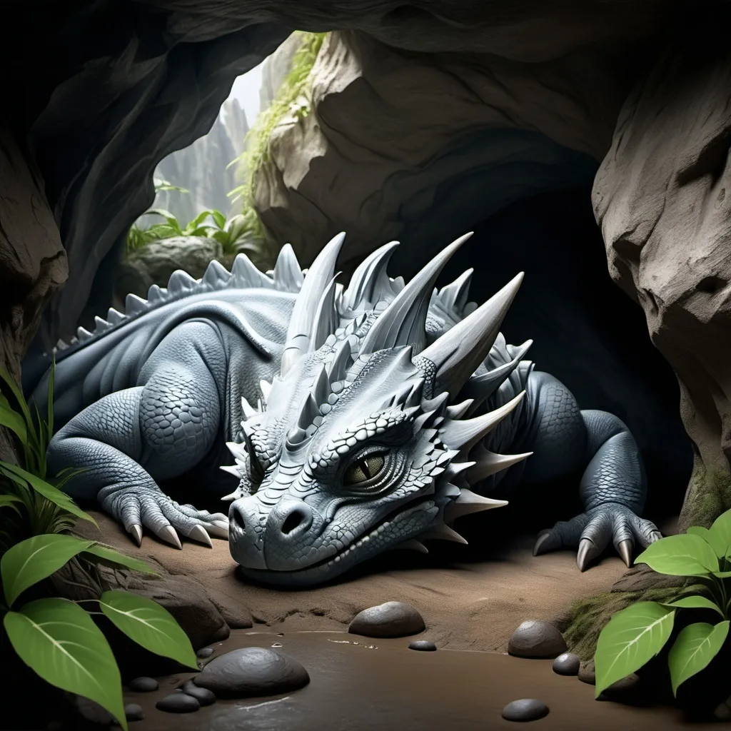 Prompt: A grey sleeping dragon asleep in a cave with its eyes CLOSED, curled up sleeping. Highly realistic and detailed fantasy artwork. Eyes close, asleep. Curled up asleep. Dark cave. Full view of the entire body of the dragon. No horns. Eyes MUST BE CLOSED. The colours blend with the scenery of the cave, natural colours. Tears coming from closed weeping eyes. It's lonely because someone won't come to the cave.