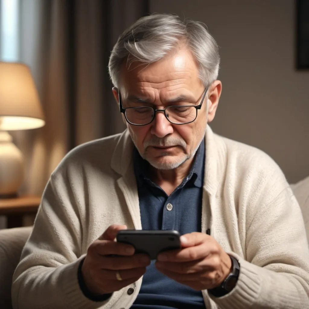 Prompt: Person in their 60s (focused expression), using a website on their smartphone, casual attire, warm ambiance, comfortable setting, (soft lighting), cozy home interior, detailed texture of clothing, high-quality features, showing engagement with technology, (photorealistic), inviting atmosphere, (4K), capturing them in a moment of online exploration.