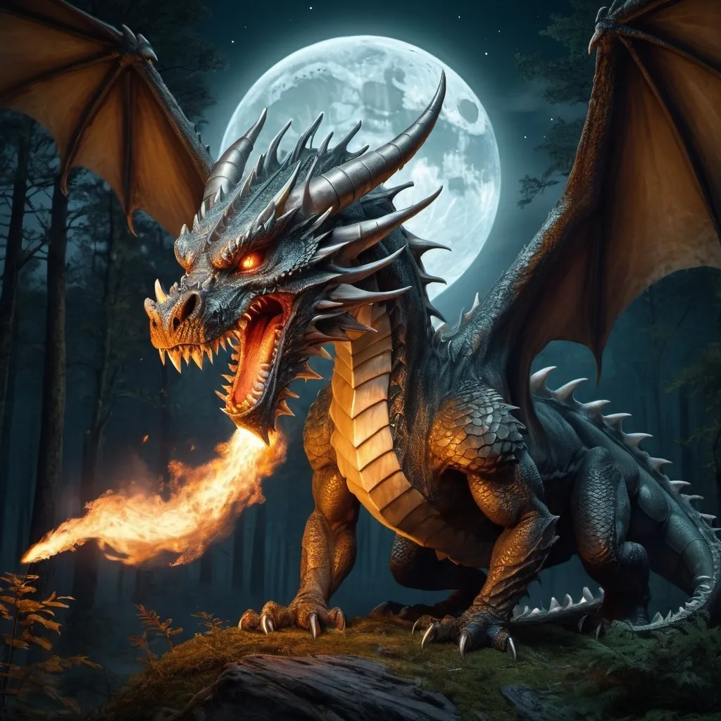 Prompt: A dragon, with a head in the shape of a warhammer. Highly realistic and detailed fantasy artwork. The dragon is blowing fire. In the forest. Night time. A full moon in the sky.