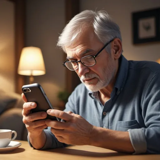 Prompt: Person in their 60s (focused expression), using a website on their smartphone, casual attire, warm ambiance, comfortable setting, (soft lighting), cozy home interior, detailed texture of clothing, high-quality features, showing engagement with technology, (photorealistic), inviting atmosphere, (4K), capturing them in a moment of online exploration.