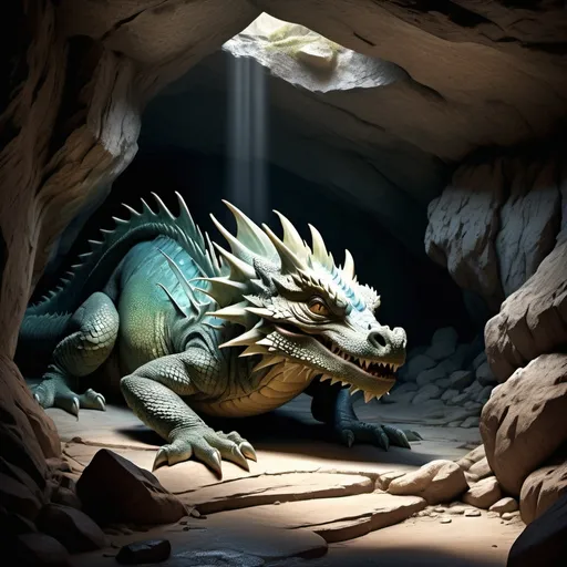 Prompt: (crying dragon), emotional expression, (sad atmosphere), nestled in a cave, surrounded by rocky textures and shadows, soft natural lighting, rich earthy colors, high resolution, ultra-detailed, vivid detailing in scales and tears, cave entrance revealing dim light outside, poignant ambiance reflecting loneliness, striking realism, creating a sense of empathy.