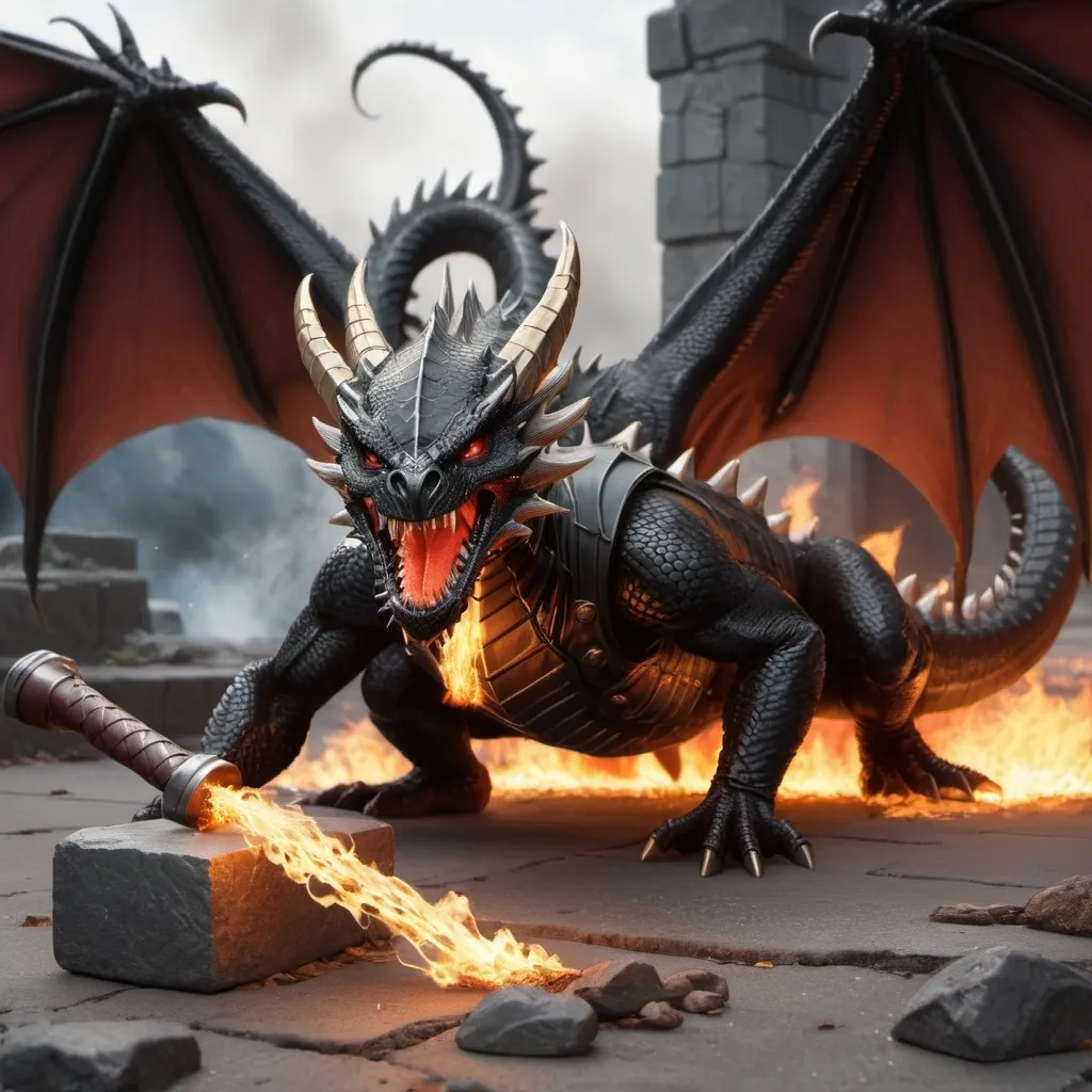 Prompt: A dragon, based on the black widow spider. Highly realistic and detailed fantasy artwork. A thor hammer laying on the ground near the dragon. The dragon is blowing fire.