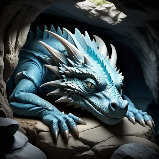 Prompt: A light blue sleeping dragon asleep in a cave with its eyes closed, curled up sleeping. Highly realistic and detailed fantasy artwork. Eyes close, asleep. Curled up asleep. Dark cave. Full view of the entire body of the dragon. No horns.