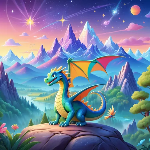 Prompt: (dawn scene), (friendly dragon) breathing stars, children pointing in awe, majestic mountains in the background, (colorful and bright), cheerful atmosphere, (children's cartoon style), vibrant colors, whimsical design, playful expressions, magical vibe, 4K ultra-detailed illustration, enchanting adventure.